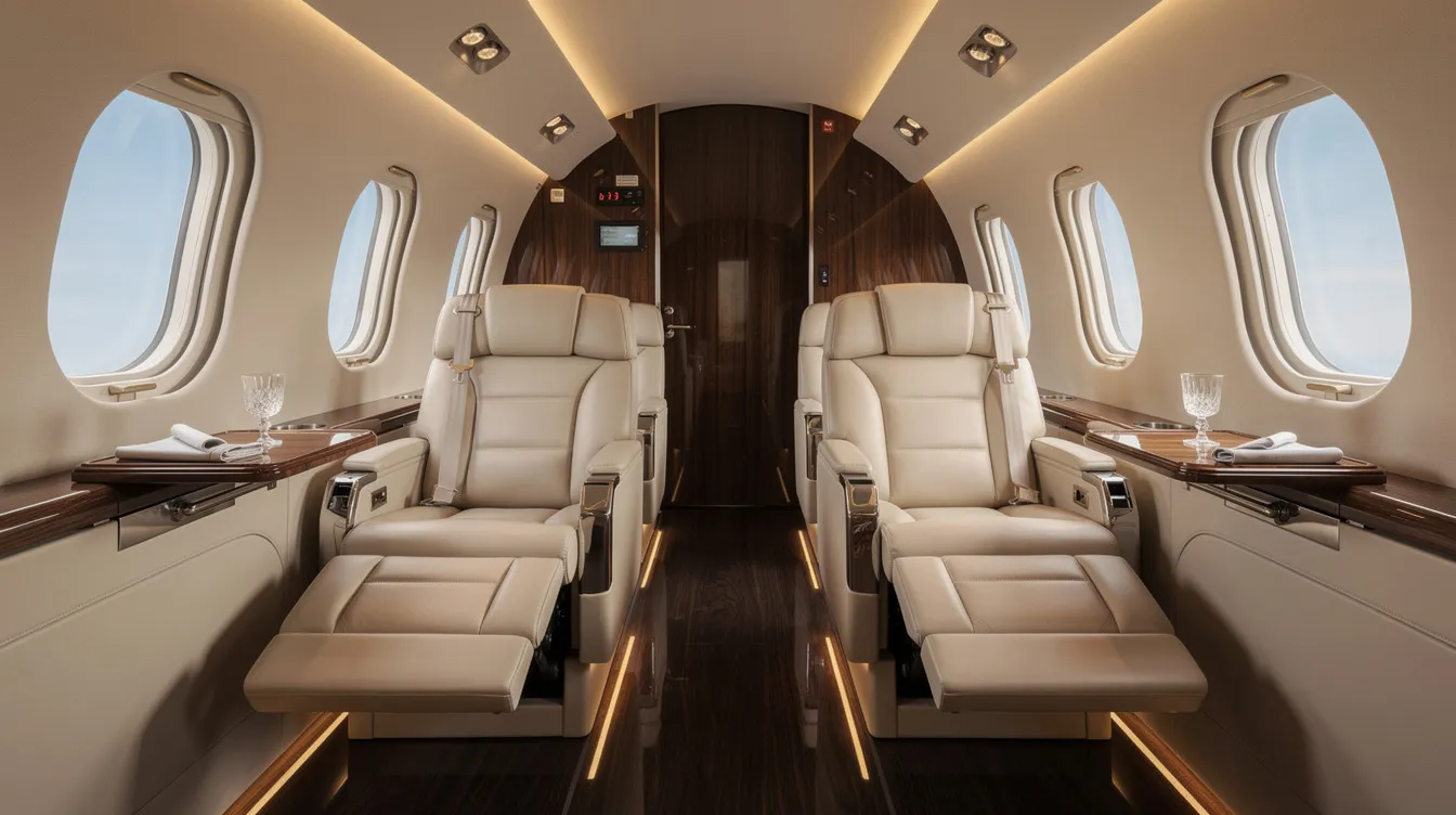 The image showcases a luxurious private jet interior featuring cream leather seats, elegant wood paneling, and soft ambient lighting, creating an inviting atmosphere for private jet travelers. This sophisticated setting exemplifies the high standards of private aviation, offering a premium experience for those seeking comfort and style in their private flights.