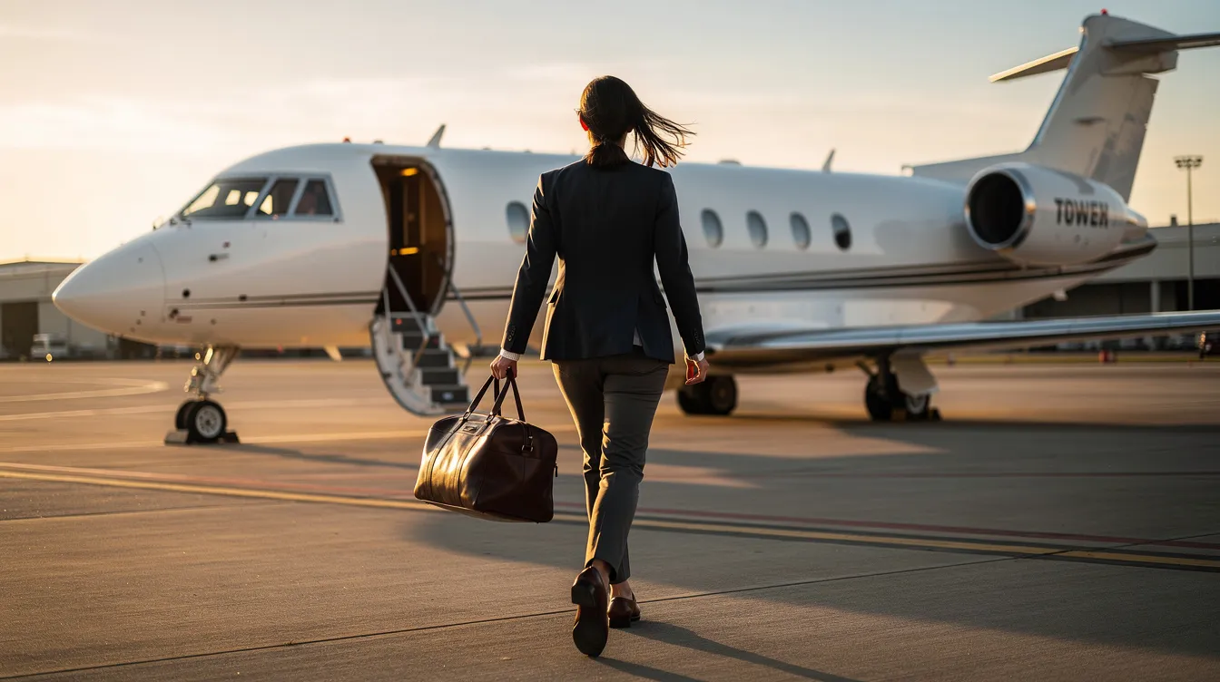 A traveler is walking towards a sleek private jet on the tarmac, holding a stylish leather travel bag, embodying the luxury and convenience of private aviation. This scene highlights the personalized service and efficiency associated with private jet travel, appealing to high net worth individuals and business executives alike.