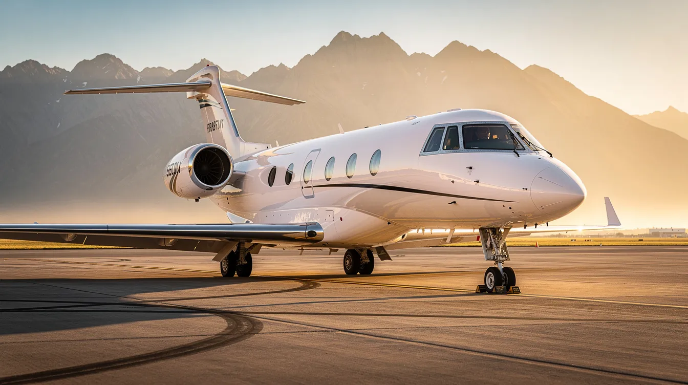 A sleek white private jet is parked on a tarmac during golden hour, with majestic mountains in the background, embodying the luxury and elegance of private aviation. This scene highlights the allure of private jet travel, perfect for discerning private jet travelers seeking a personalized service and seamless booking experience.
