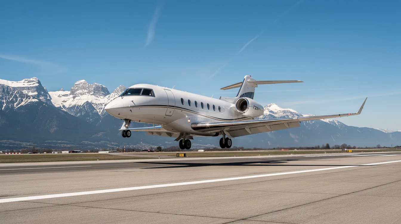 A small private jet is taking off from a runway, with majestic mountains and a clear blue sky in the background, showcasing the beauty of private flights and the accessibility of smaller airports. This scene captures the essence of charter services and the convenience of flying in a light jet.