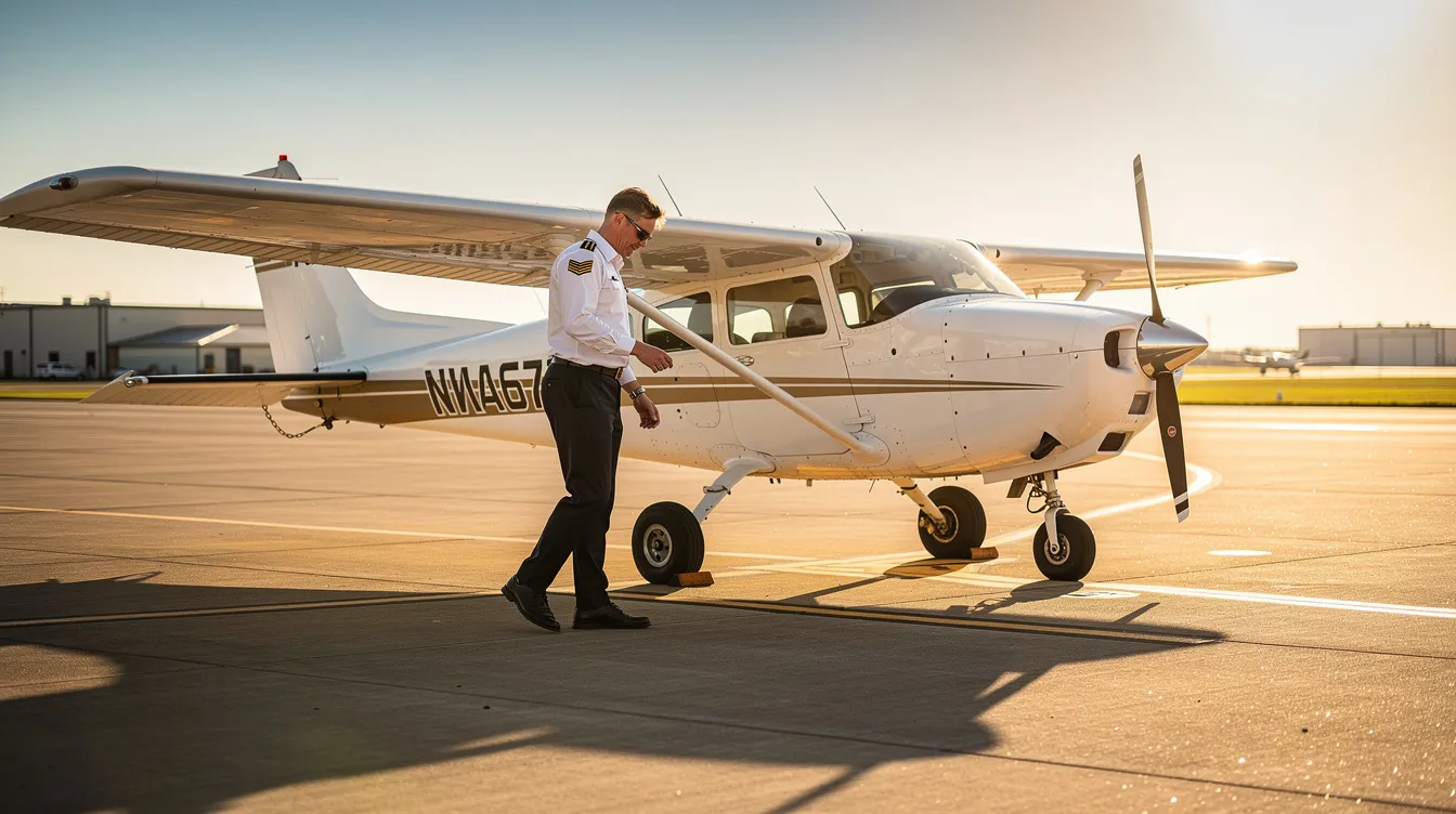 A commercial pilot is conducting a pre-flight walkaround inspection of a small white aircraft on a sunny tarmac, ensuring the aircraft's features are in proper condition before embarking on a private flight. The scene captures the attention to detail required in charter operations for small planes, highlighting the importance of safety in aviation.