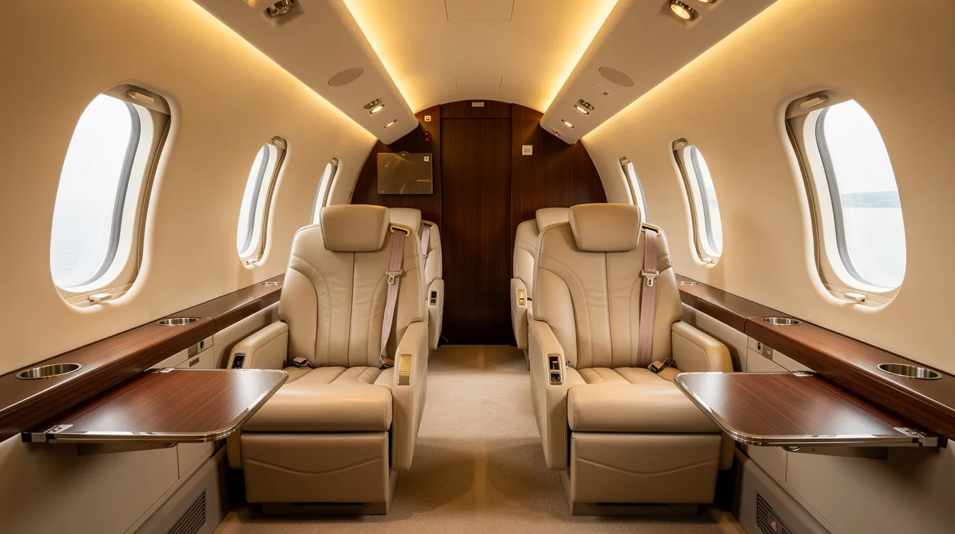 The image depicts the interior of a light jet featuring cream leather seats and warm cabin lighting, creating a cozy atmosphere for passengers. This private plane is designed for comfort and style, ideal for small aircraft charter services and private flights.