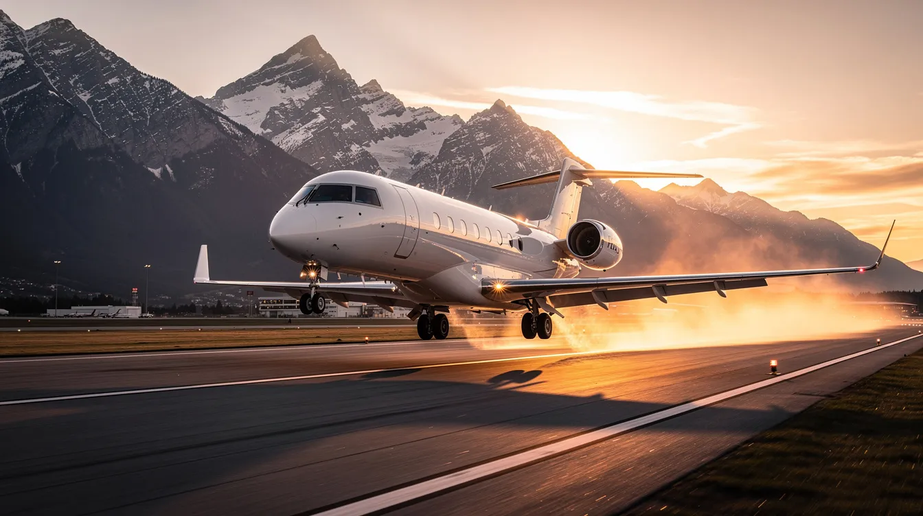 A private jet is taking off from a runway during golden hour, with majestic mountains in the background, showcasing the luxurious experience of private aviation. This scene highlights the freedom and convenience of private jet travel, perfect for travelers seeking a cost-effective way to fly private to their destination.