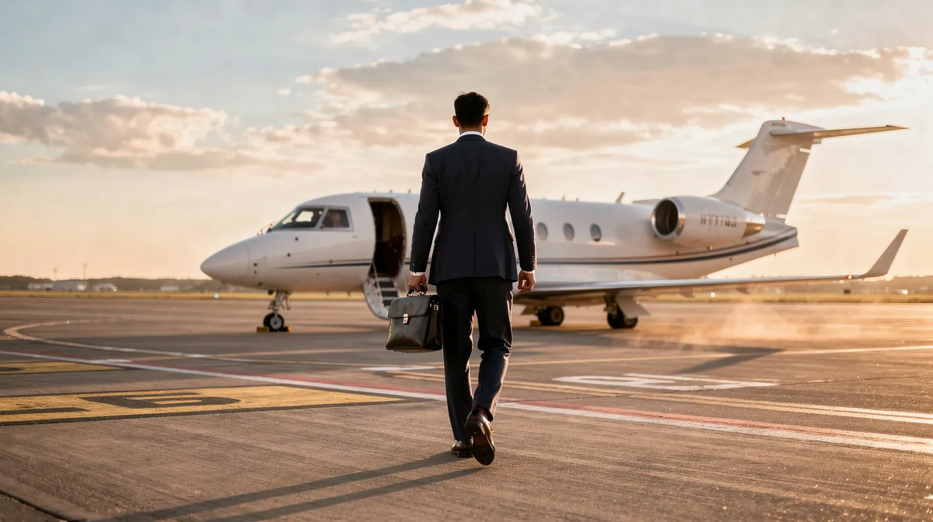 A business professional in formal attire is walking towards a small private plane on a runway, highlighting the allure of private aviation and the benefits of fractional jet ownership for discerning travelers. This scene evokes the idea of cost-effective travel solutions, such as private jet timeshare, that provide guaranteed access and operational efficiency for frequent flyers.