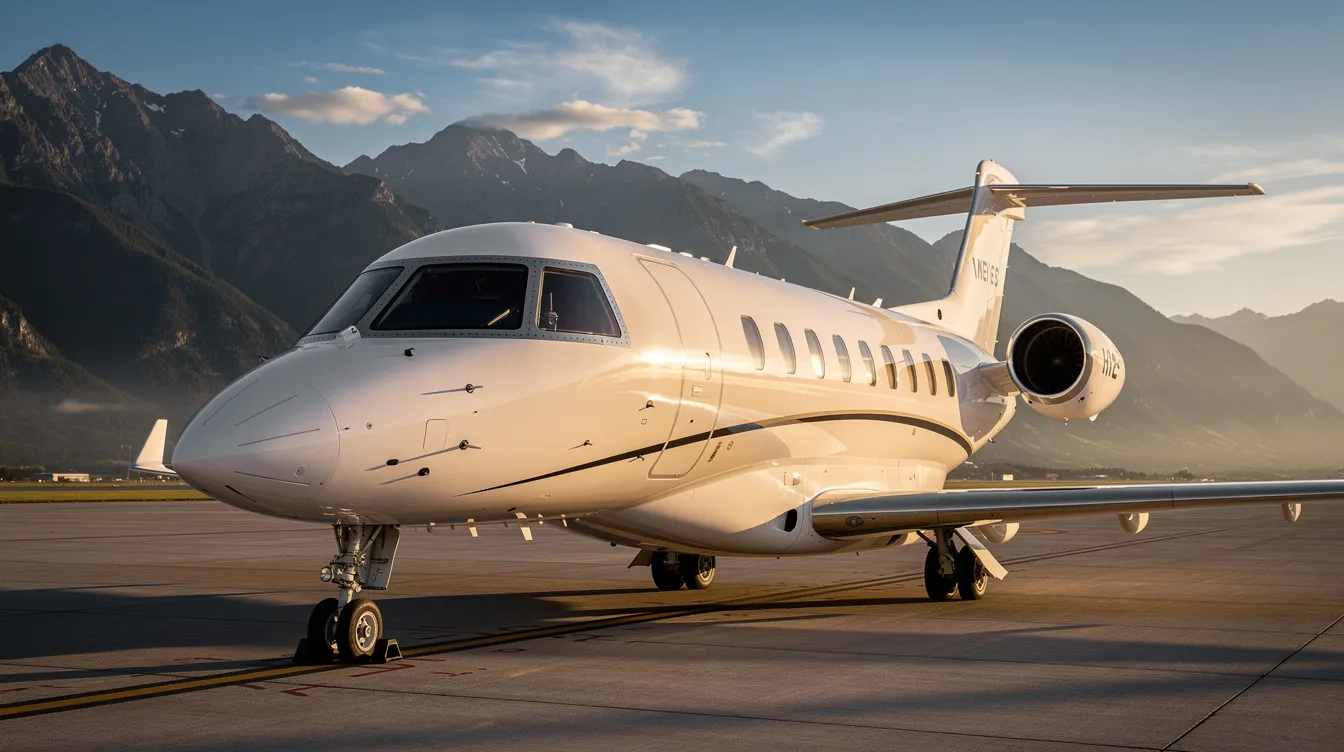 A sleek private jet is parked on a sunlit tarmac, with majestic mountains in the background, showcasing the luxury and exclusivity associated with private aviation. This image evokes the benefits of fractional jet ownership, offering guaranteed access to a diverse fleet for discerning travelers.