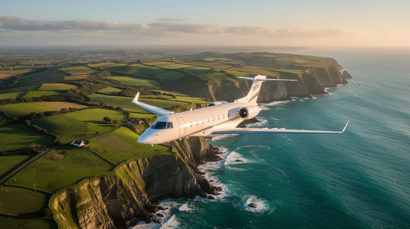 A small light private jet soars over a lush green coastal landscape, with a vibrant blue ocean shimmering below. This scene captures the essence of private aviation, showcasing the freedom and luxury of flying private.