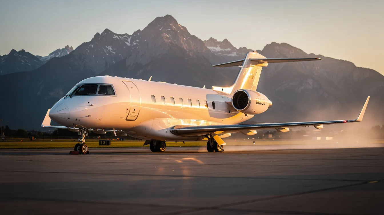 A sleek private jet is parked on an airport tarmac during golden hour, with majestic mountains visible in the background, highlighting the luxury of private aviation. The image captures the essence of private jet travel, showcasing the elegance and exclusivity associated with private jet charter flights.
