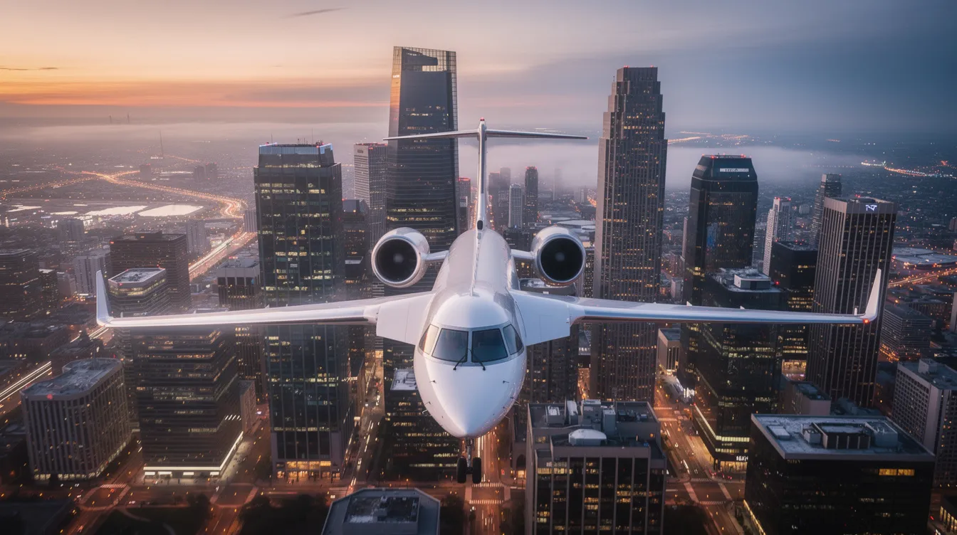 An aerial view captures a private jet soaring over a modern city skyline at dusk, showcasing the elegant design of the aircraft against the backdrop of illuminated skyscrapers. This scene highlights the allure of flying private, emphasizing the luxury and convenience associated with private jet charter flights.