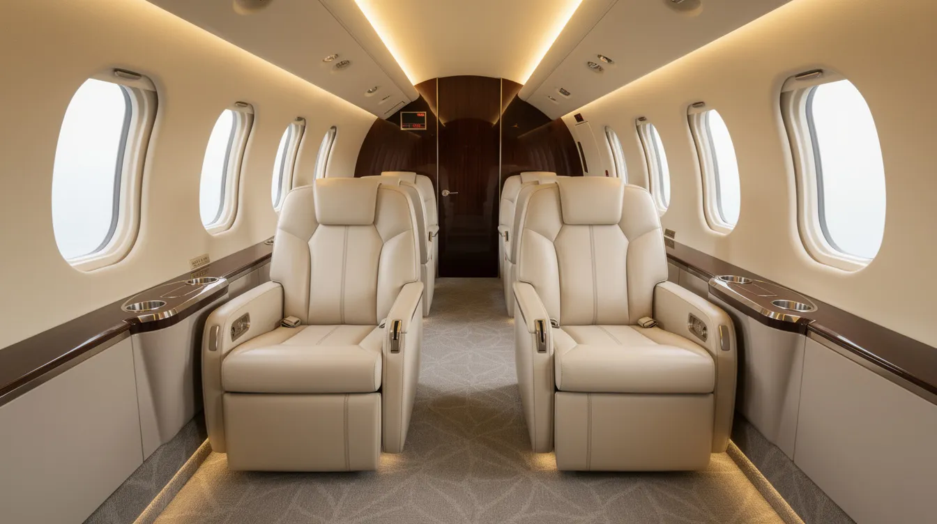 The image depicts the interior of an empty luxury private jet cabin, featuring plush leather seats and soft ambient lighting that creates an inviting atmosphere. This spacious cabin is designed for comfort and relaxation, ideal for private jet charter flights and catering to the needs of private jet owners.