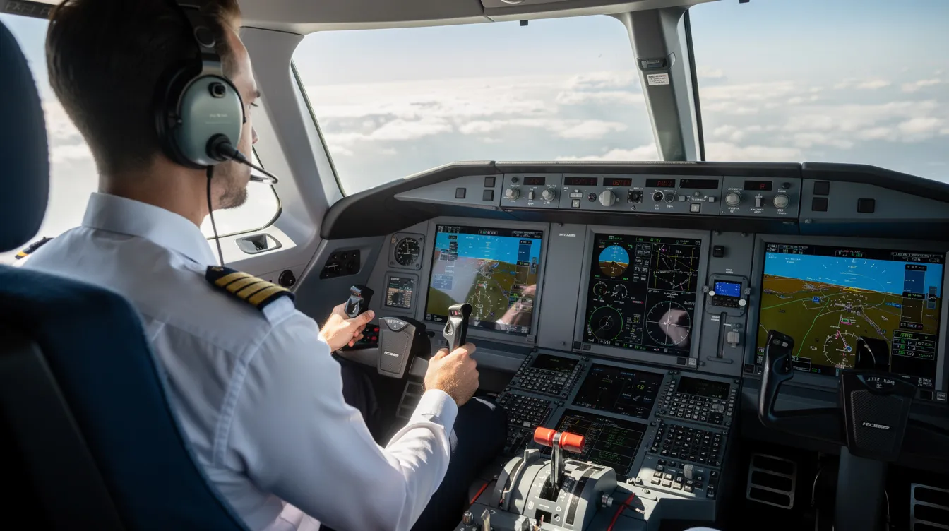 A pilot is seated in the cockpit of a modern business jet, surrounded by advanced digital avionics displays that provide vital flight information. This scene highlights the sophistication of private aviation, showcasing the technology that supports private jet charter flights and enhances the flying private experience.