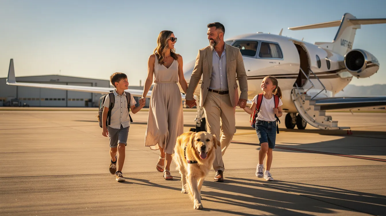 A family with a golden retriever is walking towards a private jet on a sunny tarmac, showcasing the convenience and luxury of private air travel. The scene captures the joy of family travel, emphasizing the seamless experience offered by private aviation.