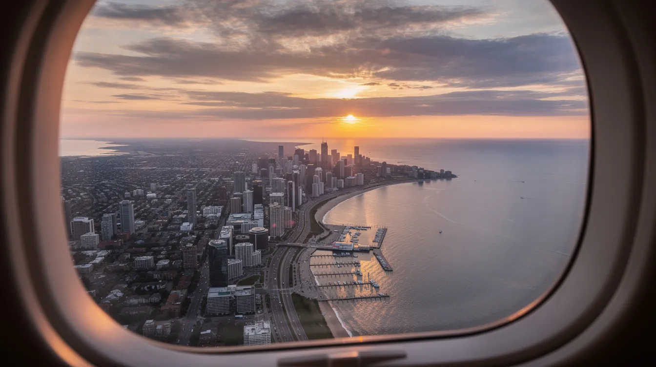 An aerial view captures a coastal city at sunset, framed by the window of a private aircraft, showcasing the natural beauty of the landscape. The scene reflects the luxury and convenience of private air travel, highlighting the seamless travel experience offered by private jets.