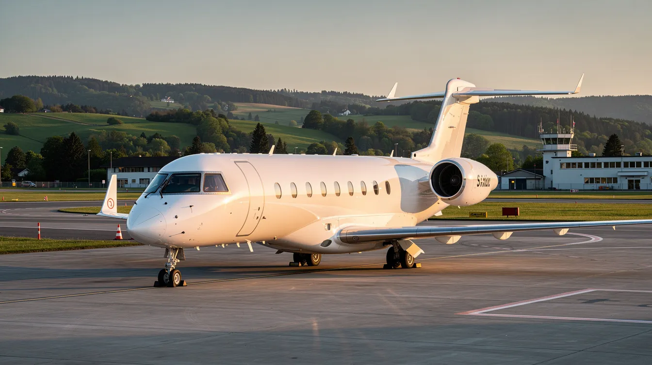 A sleek modern business jet with winglets is parked at a small regional airport, surrounded by a lush green landscape. This private aircraft represents the efficiency and luxury of business aviation, ready for its next flight.