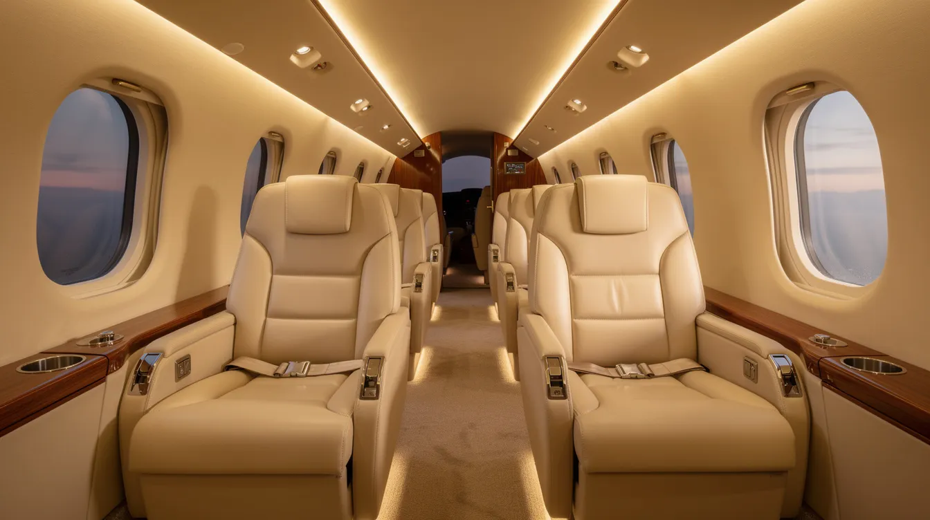 The image depicts an empty private jet cabin featuring luxurious leather seats and soft ambient lighting, designed for comfort and elegance in business aviation. This spacious cabin exemplifies the high standards of private aircraft, providing a serene environment for passengers on private flights.