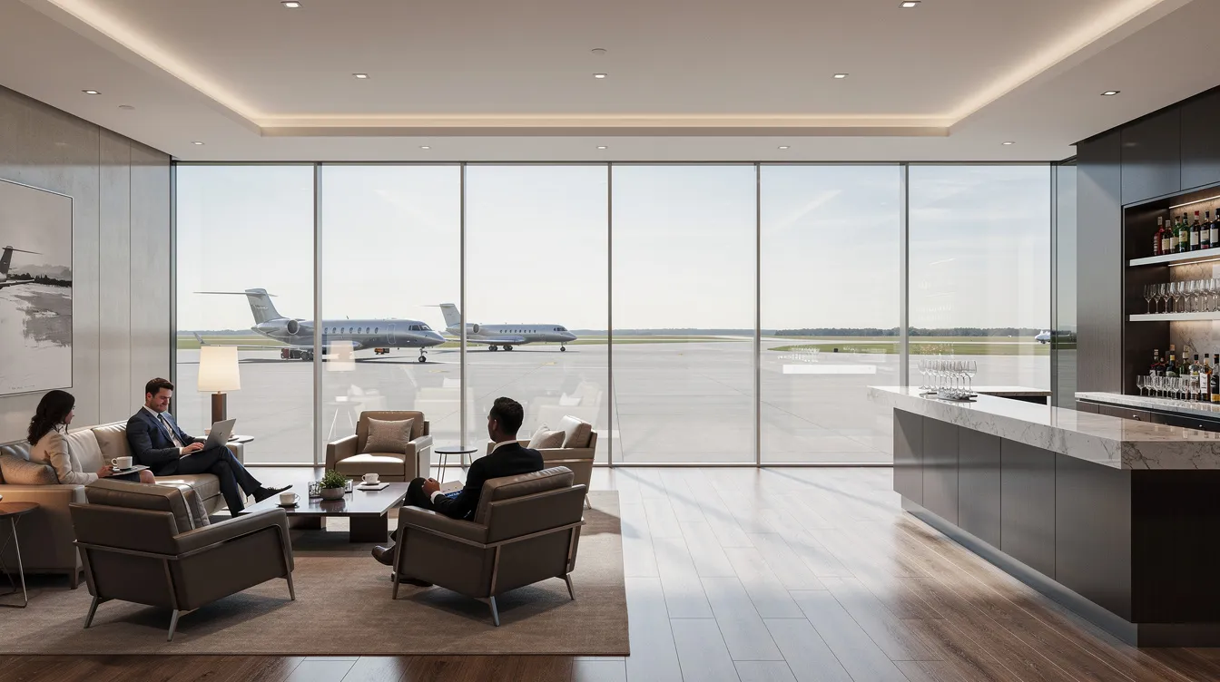 The image shows a sleek, modern private aviation terminal lounge with expansive windows providing a view of the runway, highlighting the luxurious atmosphere of private jet travel. This space offers exclusive access to members, emphasizing comfort and personalized service for those flying private.