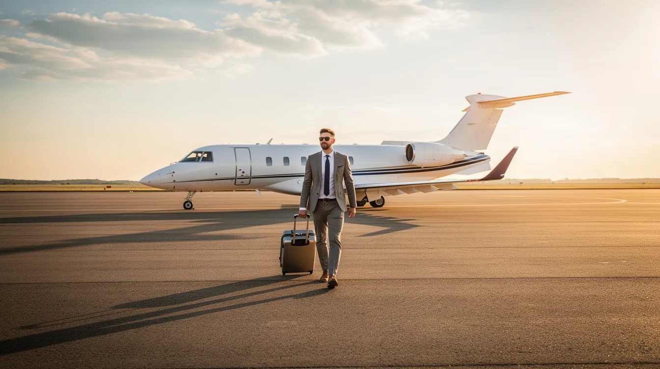 A confident individual strides towards a small private jet parked on an uncrowded runway, symbolizing the allure of private aviation and exclusive access to private flights. This scene captures the essence of flying privately, highlighting the benefits of jet memberships and the convenience of priority access.