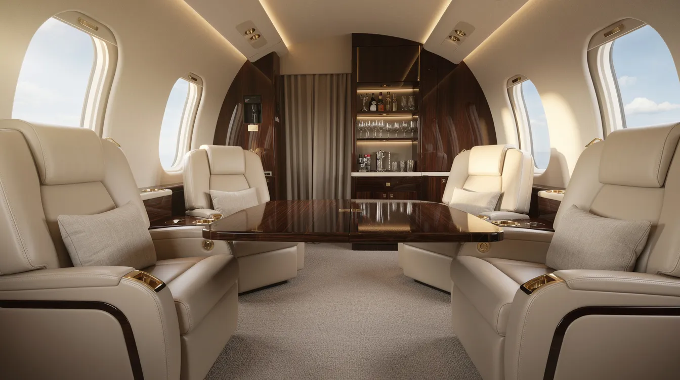 The image depicts the interior of a luxurious private jet cabin, featuring plush cream leather seats complemented by elegant wood accents, showcasing the opulence of private aviation. This sophisticated environment highlights the exclusive access and personalized service that come with private jet travel, making it an ideal choice for those seeking comfort and convenience in their flights.