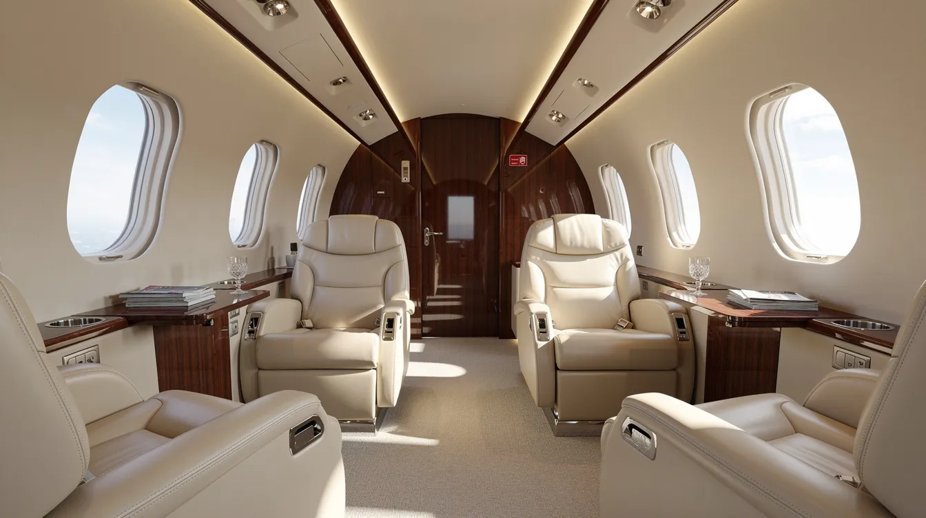 The image depicts the interior of a luxurious private jet cabin, featuring cream leather seats and elegant wood paneling, with natural light streaming in through oval windows. This sophisticated environment offers a glimpse into the comfort and style of private jet travel, ideal for both business and leisure journeys.
