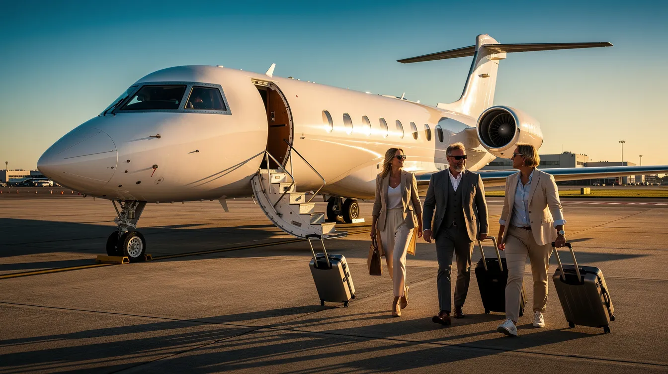 A group of discerning travelers walks towards a private jet on a sunny tarmac, pulling their rolling luggage behind them. The scene captures the essence of private aviation, highlighting the personalized service and luxury associated with charter flights.