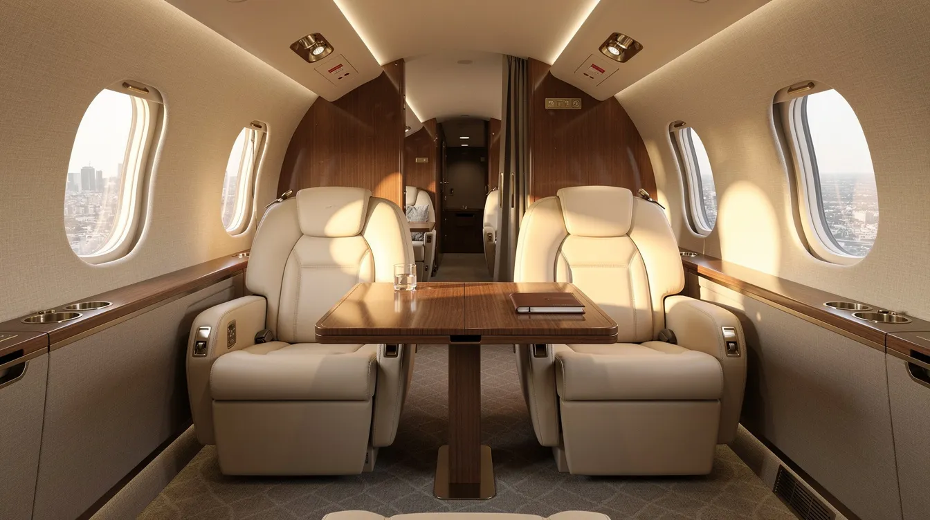 The image depicts the interior of a midsize private jet cabin, featuring cream leather seats and abundant natural light streaming through oval windows, creating a welcoming atmosphere for discerning travelers. This elegant space exemplifies the quality and personalized service associated with private aviation and charter flights.