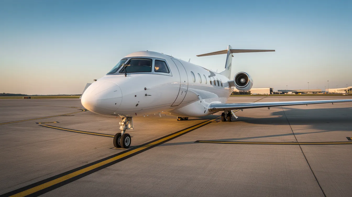 A private jet is taxiing on an open tarmac under a clear blue sky, showcasing its sleek design and readiness for takeoff. This scene highlights the world of private aviation, where discerning travelers enjoy personalized service and guaranteed access to charter flights.