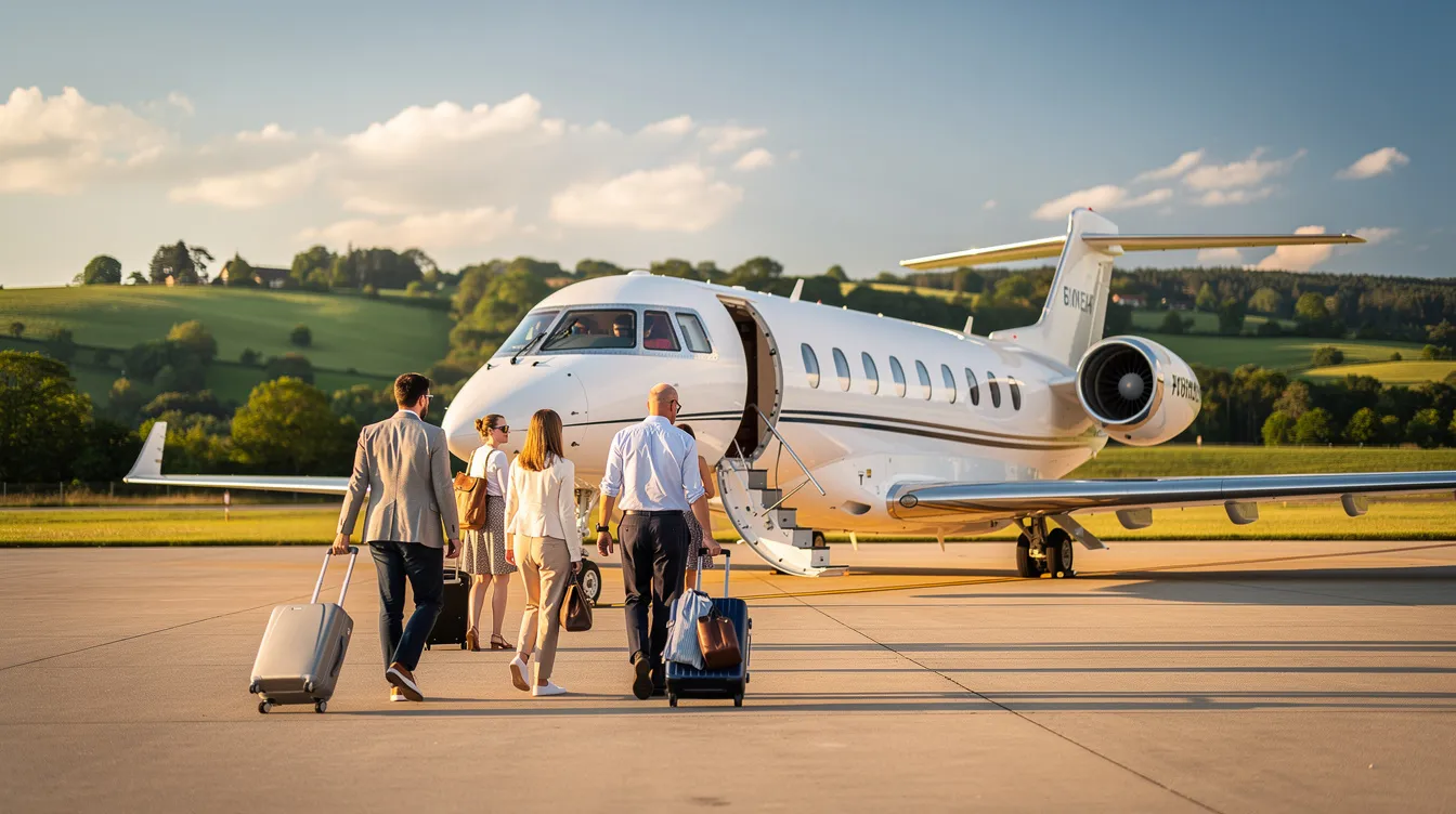 A group of passengers is walking toward a private jet on a sunny runway, with lush green hills in the background, showcasing the luxury and convenience of private aviation. This scene highlights the personalized service and freedom offered by charter airlines for travelers seeking a smarter way to fly.