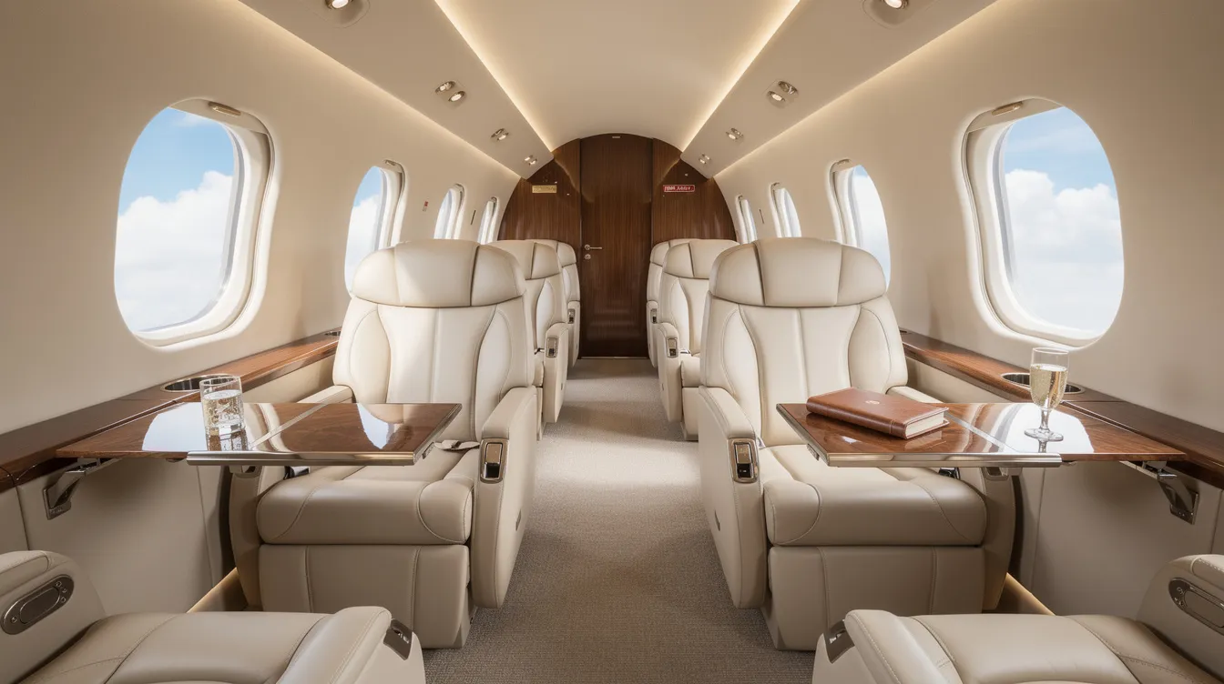 The image depicts the interior of a spacious private jet cabin featuring luxurious leather seats and large windows that offer a view of fluffy clouds outside. This elegant setting exemplifies the comfort and style associated with private jet travel, making it an ideal choice for those considering private jet charter flights.