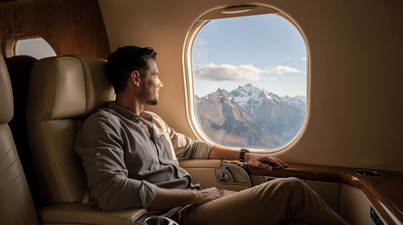 A person is seated inside a luxurious private jet, gazing out the window at the majestic mountains below. The scene captures the essence of private aviation, showcasing the comfort and exclusivity of flying in a private aircraft.