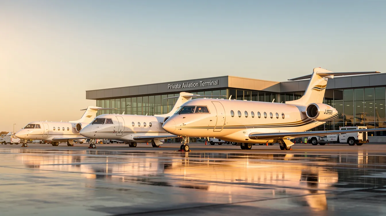The image depicts several business jets of various sizes parked side by side at a private aviation terminal, showcasing a range of private aircraft including light jets and large jets. This scene highlights the luxury and convenience of private jet charter services, emphasizing the diverse options available for private jet owners and travelers.
