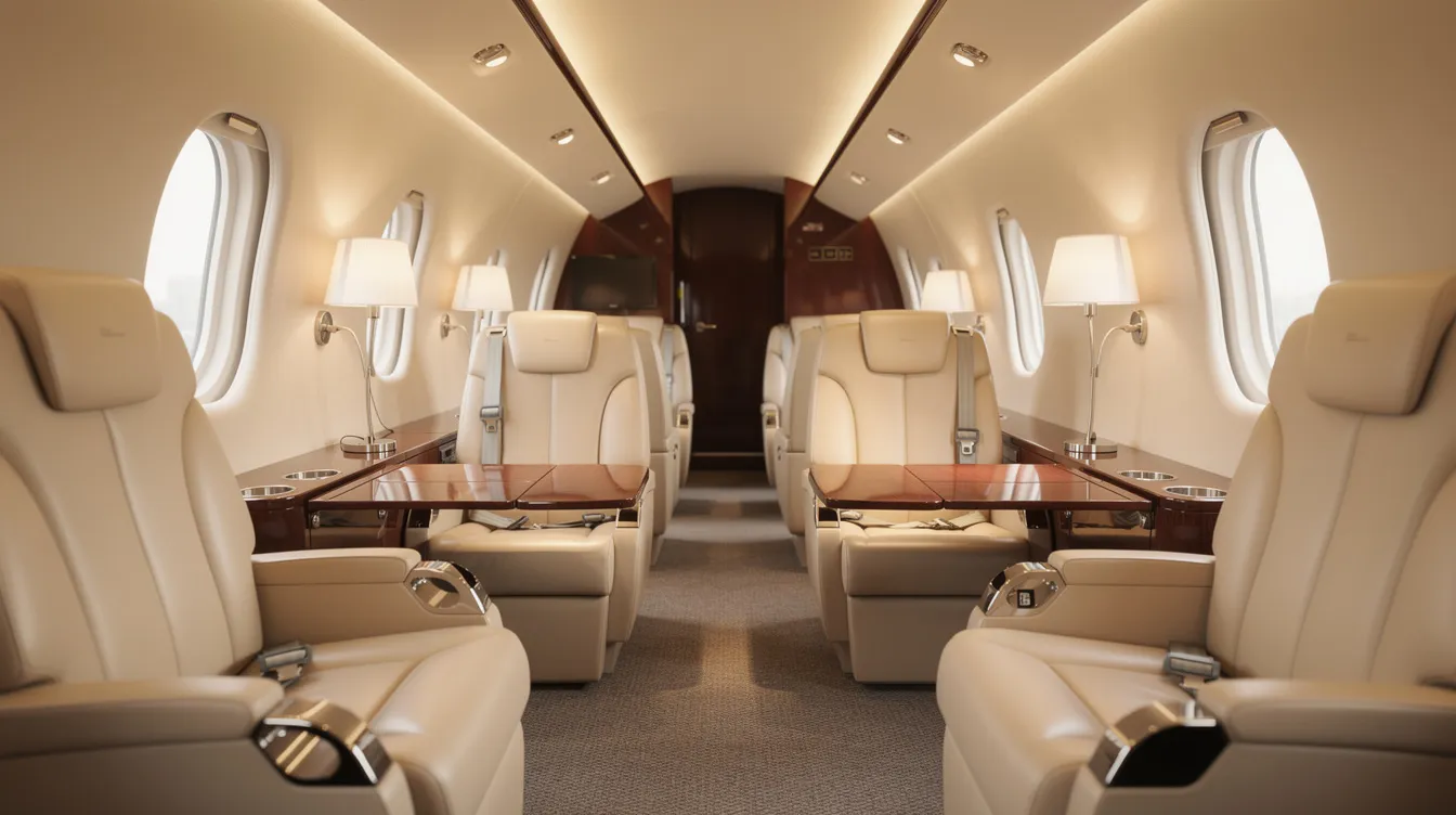 The image depicts an empty private jet cabin featuring plush, spacious seats, ready for passengers to enjoy a luxurious flying experience. This private aircraft offers a serene atmosphere, perfect for travelers seeking comfort and privacy on their journey.