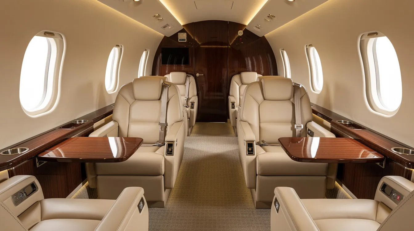 The image depicts the interior of a luxurious private jet cabin, featuring cream leather seats and elegant wood trim, all set for an upcoming flight. This empty cabin highlights the comfortable and exclusive environment of private aviation, ideal for business travelers seeking a seamless flying experience.