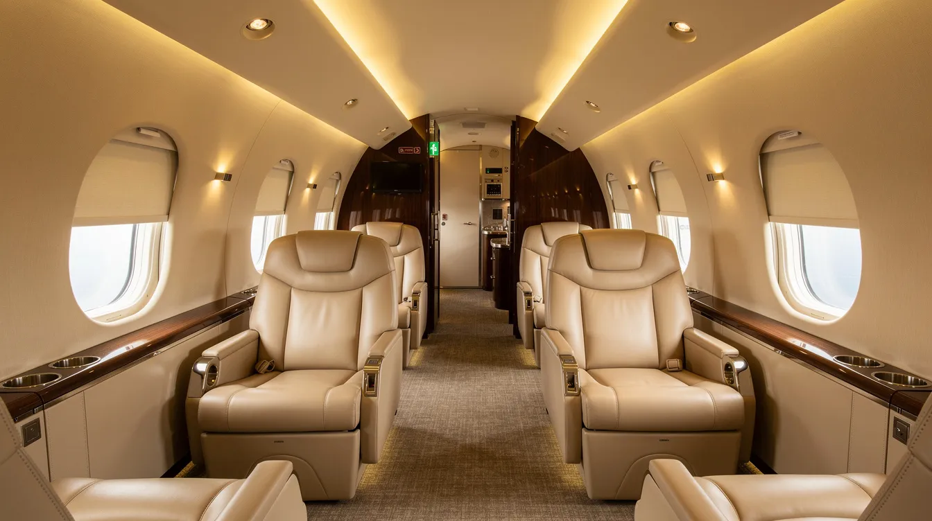 The image depicts the interior of an empty private jet cabin, featuring cream leather seats and warm ambient lighting, viewed from the back looking forward. This luxurious space exemplifies the comfort and elegance of private jet travel, ideal for those seeking greater scheduling flexibility and a premium flying experience.