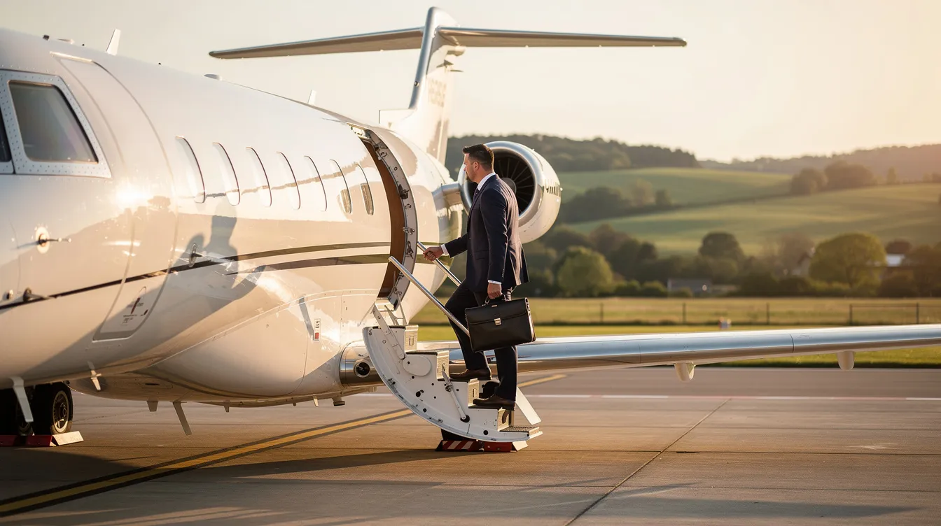 A business traveler in formal attire is stepping onto a small private jet at a serene regional airport, with lush green hills visible in the background. This scene highlights the luxury and convenience of private jet travel, offering greater scheduling flexibility compared to commercial airlines.