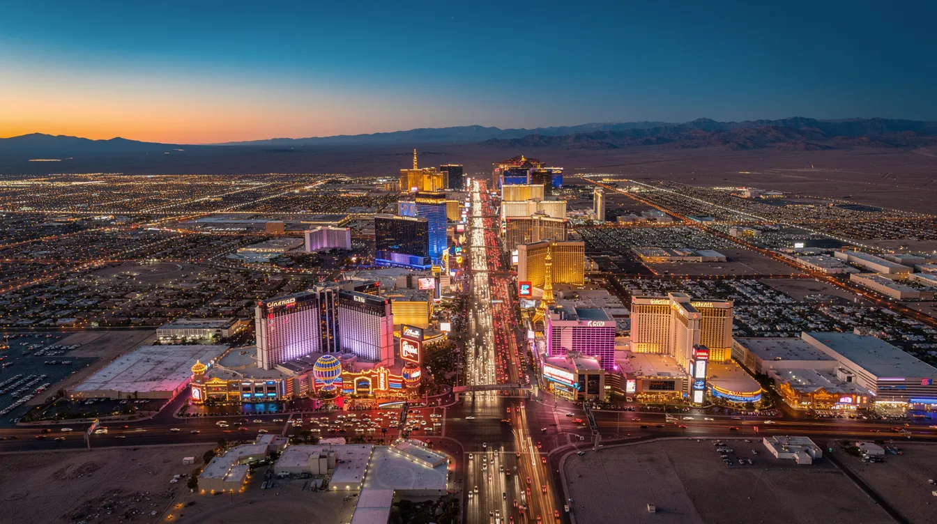 An aerial view of the Las Vegas Strip at dusk showcases the vibrant glow of city lights against the backdrop of the expansive desert, highlighting the excitement of private jet travel to this iconic destination. The image captures the bustling energy of Las Vegas, a popular stop for those seeking flexible schedules and luxurious private flight options.