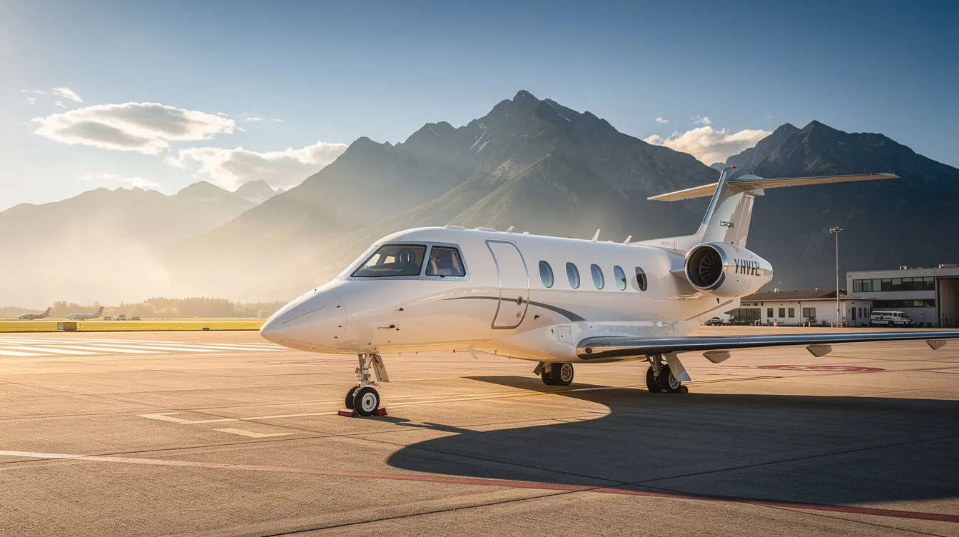 A small luxury private jet is parked on the tarmac of a regional airport, with majestic mountains rising in the background. The scene captures the elegance of private planes, inviting viewers to imagine the luxurious interior and travel experience.