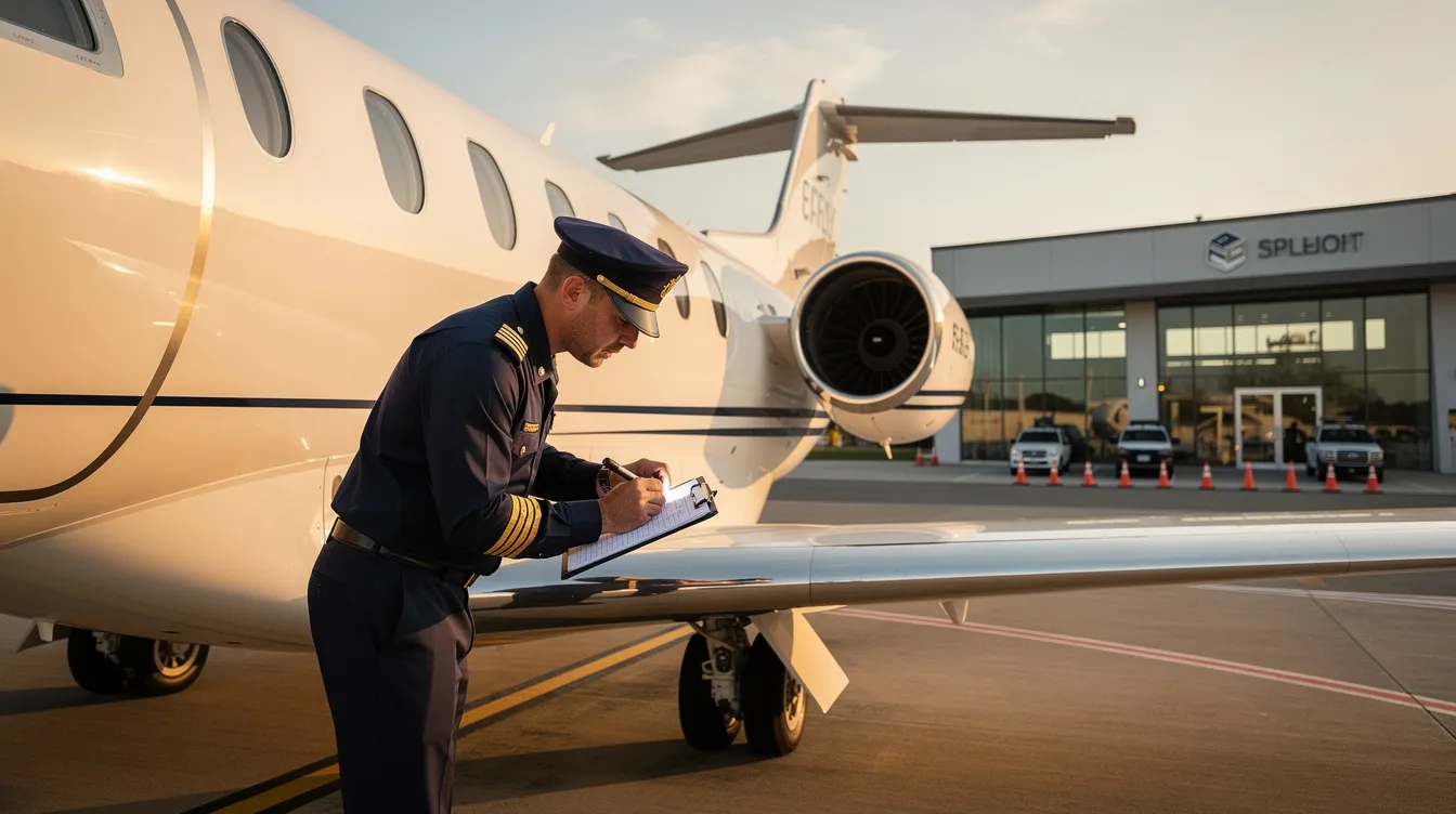 A private jet pilot in uniform is conducting a pre-flight inspection on a sleek white jet at a fixed-base operator (FBO). This scene highlights the meticulous attention to detail involved in private aviation, ensuring safety and readiness for upcoming private flights.