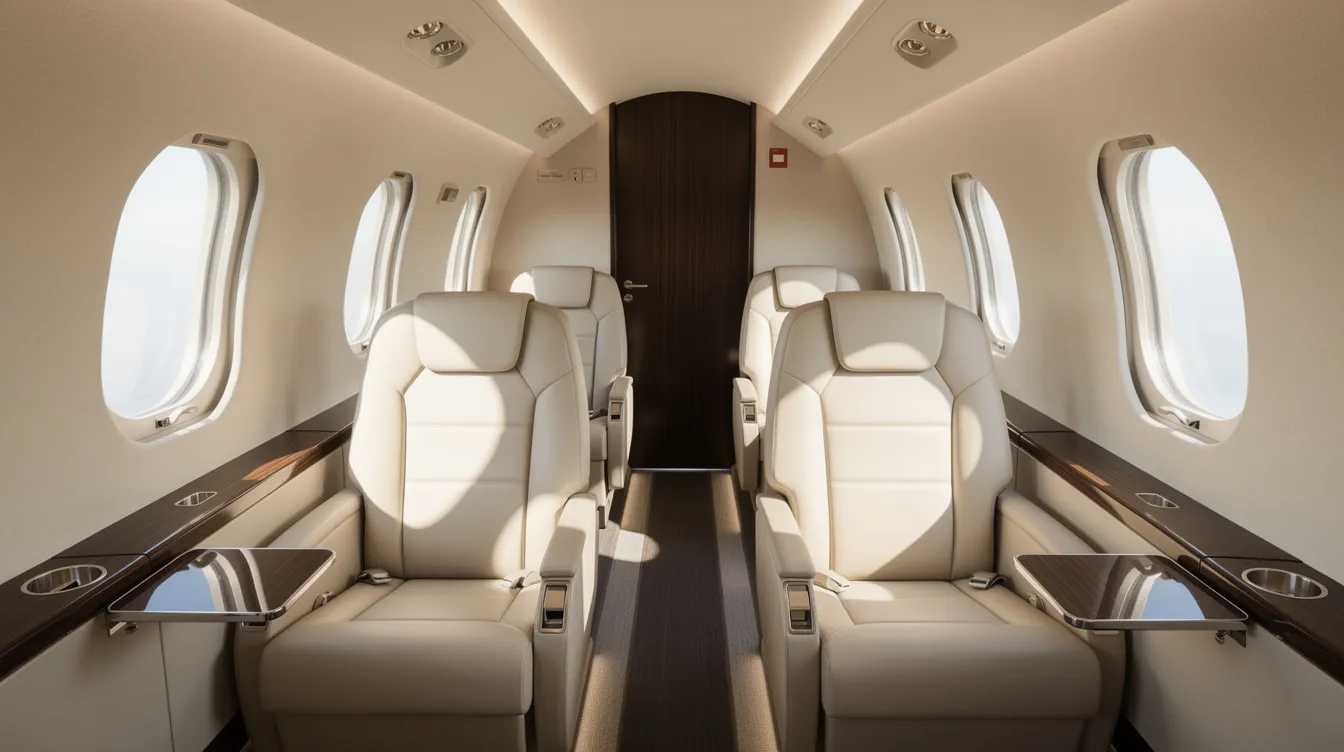 The interior of a light private jet features cream leather seats arranged along a narrow aisle, with natural light streaming through oval windows, creating a luxurious atmosphere ideal for private air travel. This elegant cabin layout is designed for comfort and efficiency, catering to both business and leisure travelers.
