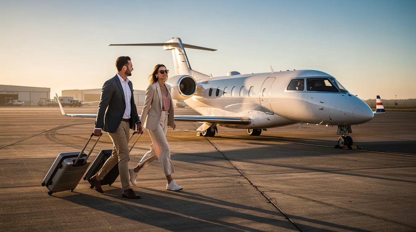A couple walks hand-in-hand across a sunlit tarmac towards a small white private jet, carrying their luggage, ready for their private air travel adventure. The scene captures the essence of luxury and convenience offered by private jet charter services.