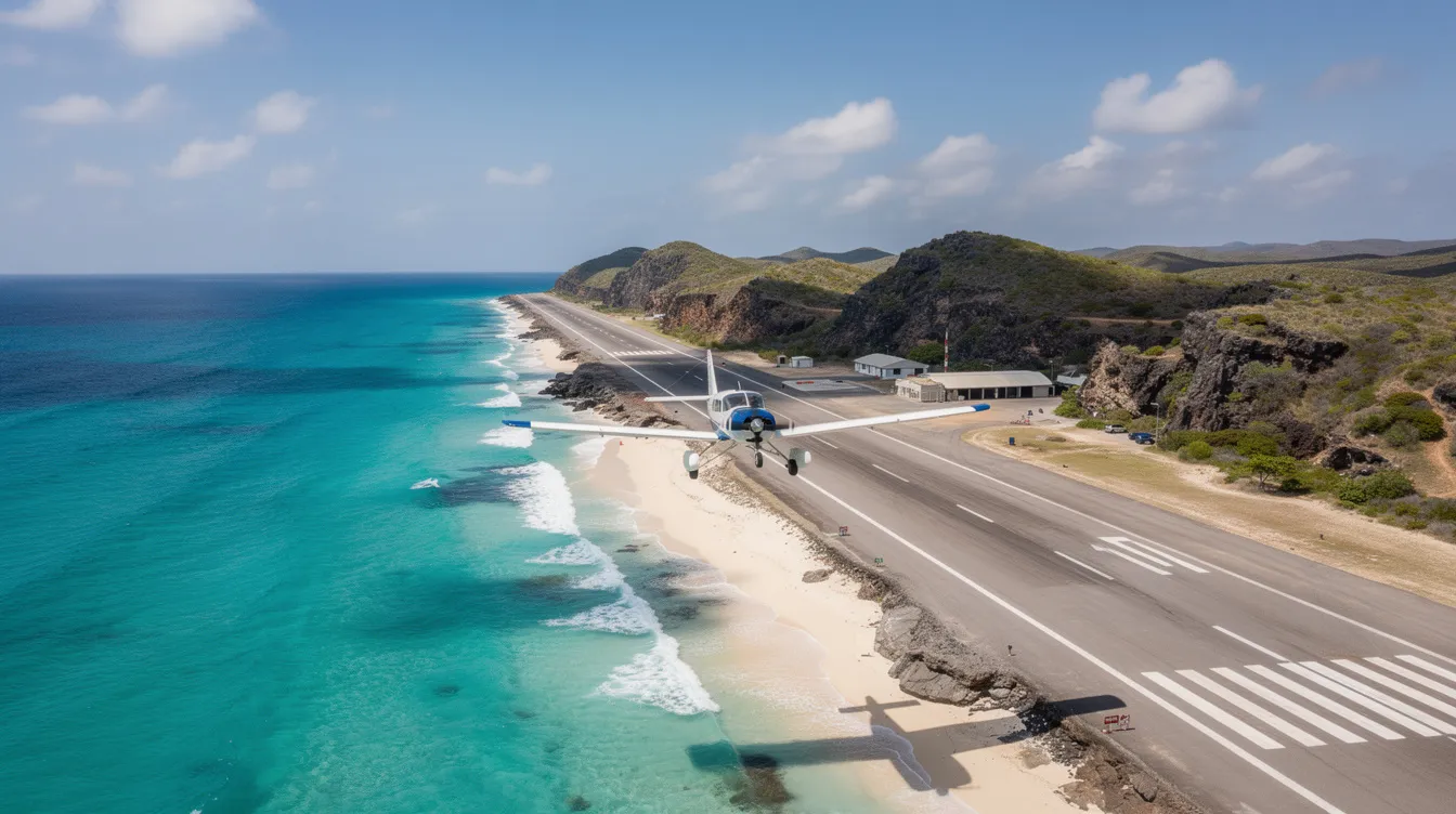 An aerial view captures a small coastal airstrip adjacent to shimmering turquoise waters, with a small plane, likely a light jet, approaching for landing. This scene highlights the appeal of private aviation and charter flights, providing direct access to picturesque locations for luxury travelers.