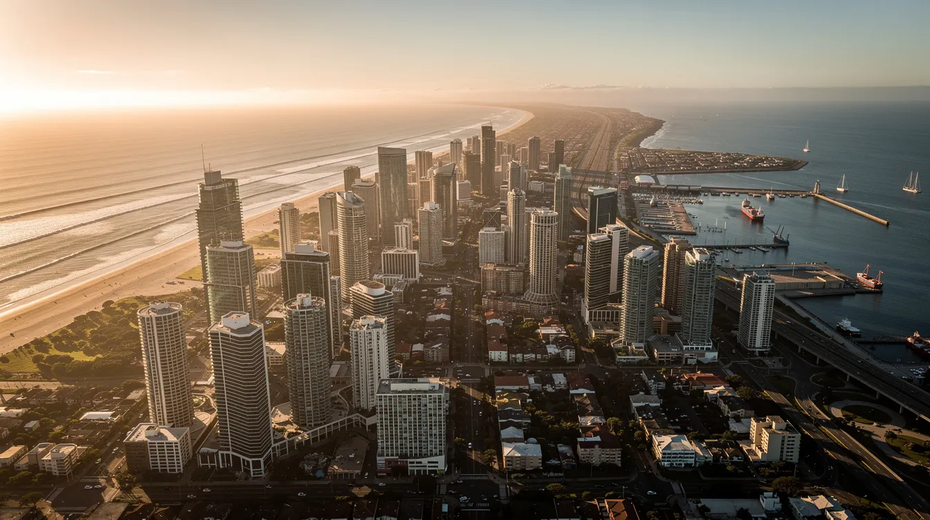 An aerial view captures a sprawling coastal city bathed in the warm glow of golden hour, showcasing a blend of shimmering water and modern buildings. This vibrant scene highlights the potential for private jet travel, emphasizing the extensive global network and premium aircraft options available for those seeking private jet charters to destinations worldwide.