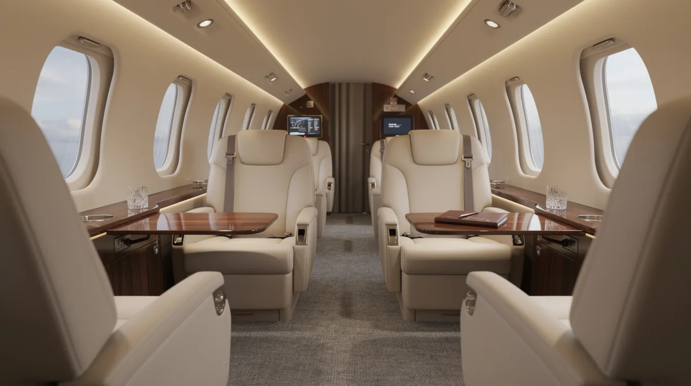 The image depicts the interior of a luxurious midsize private jet cabin, featuring plush leather seats and soft ambient lighting that creates an inviting atmosphere. This elegant space exemplifies the comfort and sophistication of private jet travel, ideal for those seeking a premium aviation experience.