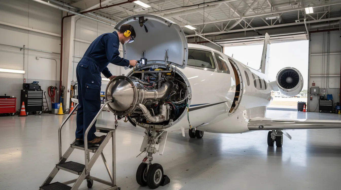A maintenance technician is carefully inspecting the engine of a small private jet in a bright hangar, ensuring the aircraft's optimal performance and safety for private aviation. The scene highlights the importance of regular maintenance for private jet owners to avoid unplanned maintenance events and manage operating costs effectively.