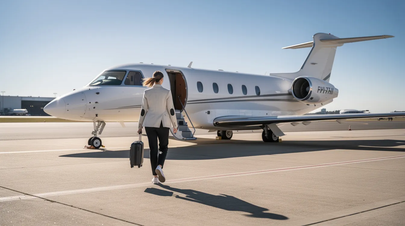 A person is walking toward a small private jet on a sunny tarmac, viewed from behind. The scene captures the essence of private aviation, highlighting the allure of owning or chartering a private jet for convenient travel.