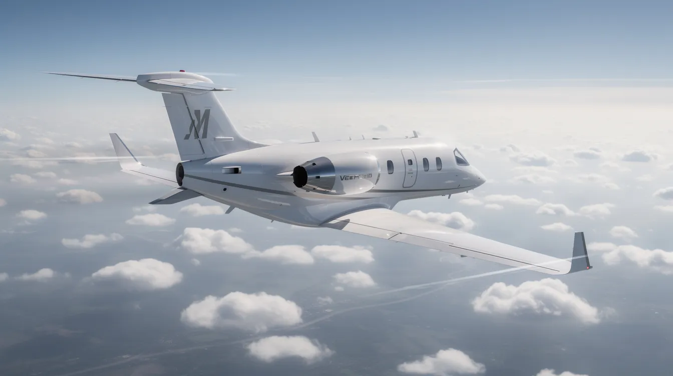 A sleek single-engine very light jet soars gracefully above a layer of scattered clouds, showcasing the elegance and efficiency of private aviation. This aircraft represents a popular choice among private jet owners for its improved fuel efficiency and ability to access smaller airports.