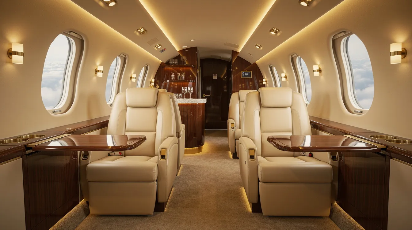 The image depicts a luxurious private jet interior featuring cream leather seats complemented by warm, ambient lighting, creating an inviting atmosphere for passengers. This spacious cabin is designed for comfort, ideal for transatlantic private jet travel, ensuring a smooth and enjoyable journey across the Atlantic.