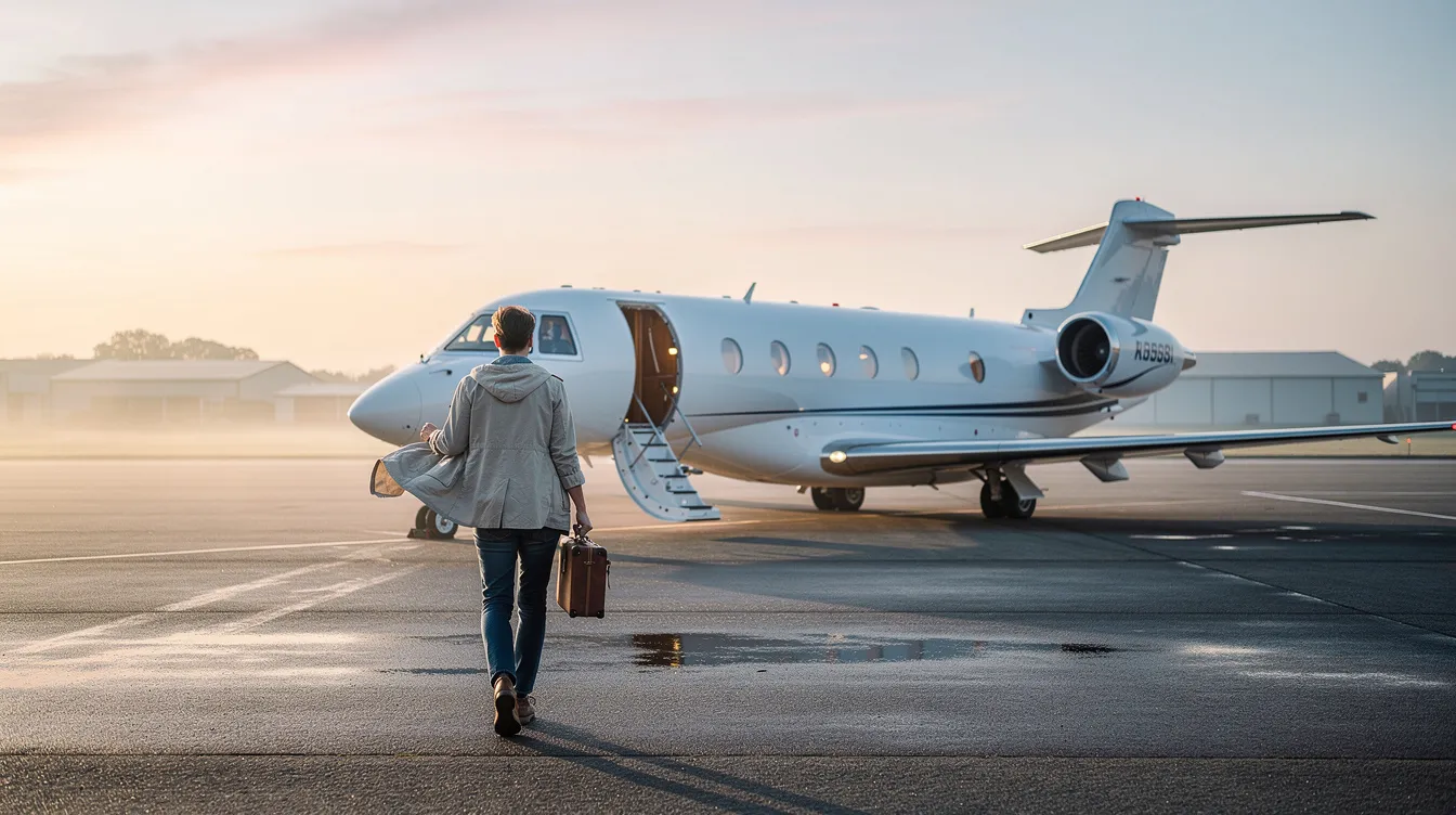 A traveler is walking towards a sleek transatlantic private jet on a small airfield at dawn, with the soft light illuminating the aircraft's polished exterior. This scene captures the essence of private jet travel, highlighting the exclusivity and convenience of charter flights for international journeys.