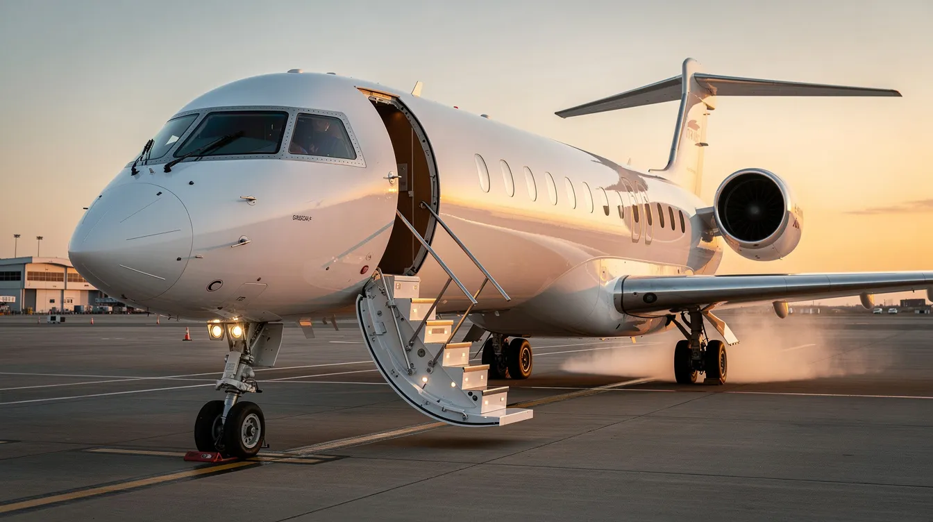 A large transatlantic private jet is parked on a tarmac with its door open and stairs extended, ready for passengers to board. This ultra long range aircraft offers direct access for a smooth and enjoyable journey across the Atlantic.