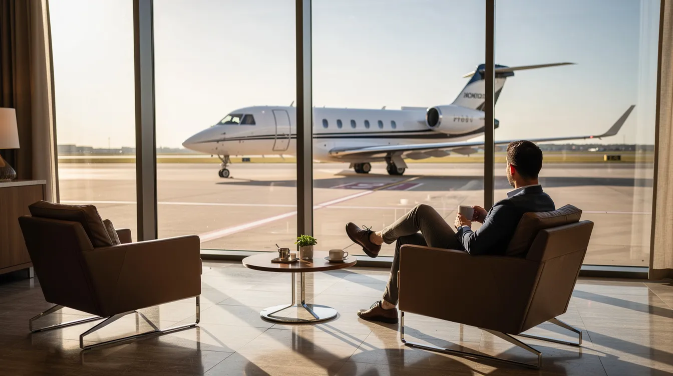 A person is seated in a stylish private aviation lounge, gazing through large windows at a small jet parked on the tarmac. This scene captures the essence of private air travel, highlighting the comfort and exclusivity of semi private jet flights.