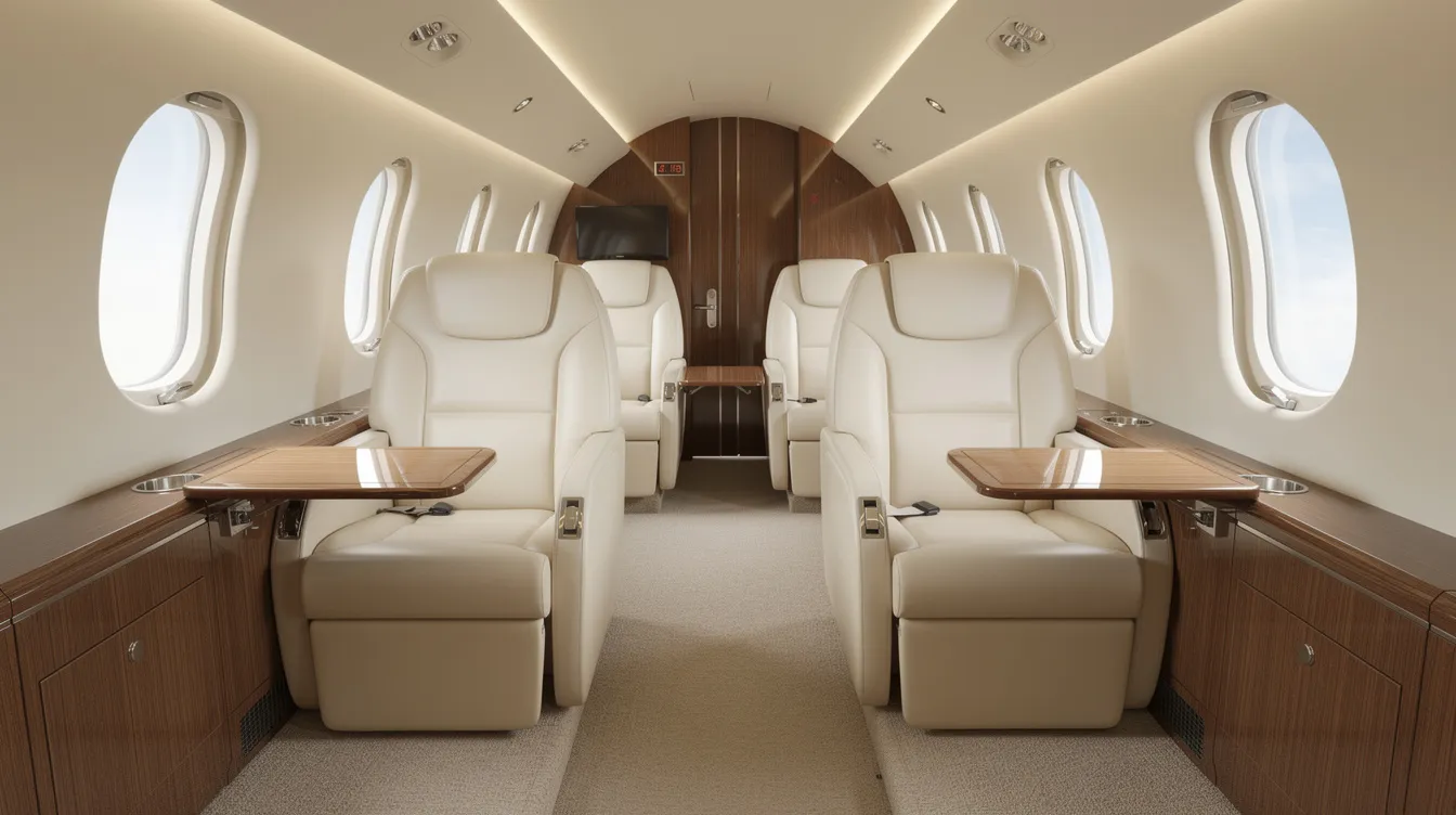 The image shows the interior of a small private jet featuring cream leather seats arranged in a comfortable cabin layout, ideal for private air travel. This setting exemplifies the exclusivity and attentive service associated with semi private jet flights.