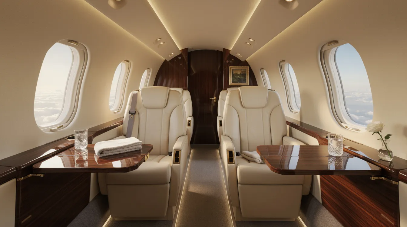 The image features the luxurious interior of a private jet cabin, showcasing cream leather seats paired with polished wood finishes, creating an elegant atmosphere ideal for private jet travel. This sophisticated setting emphasizes the comfort and style associated with private jet charter services.